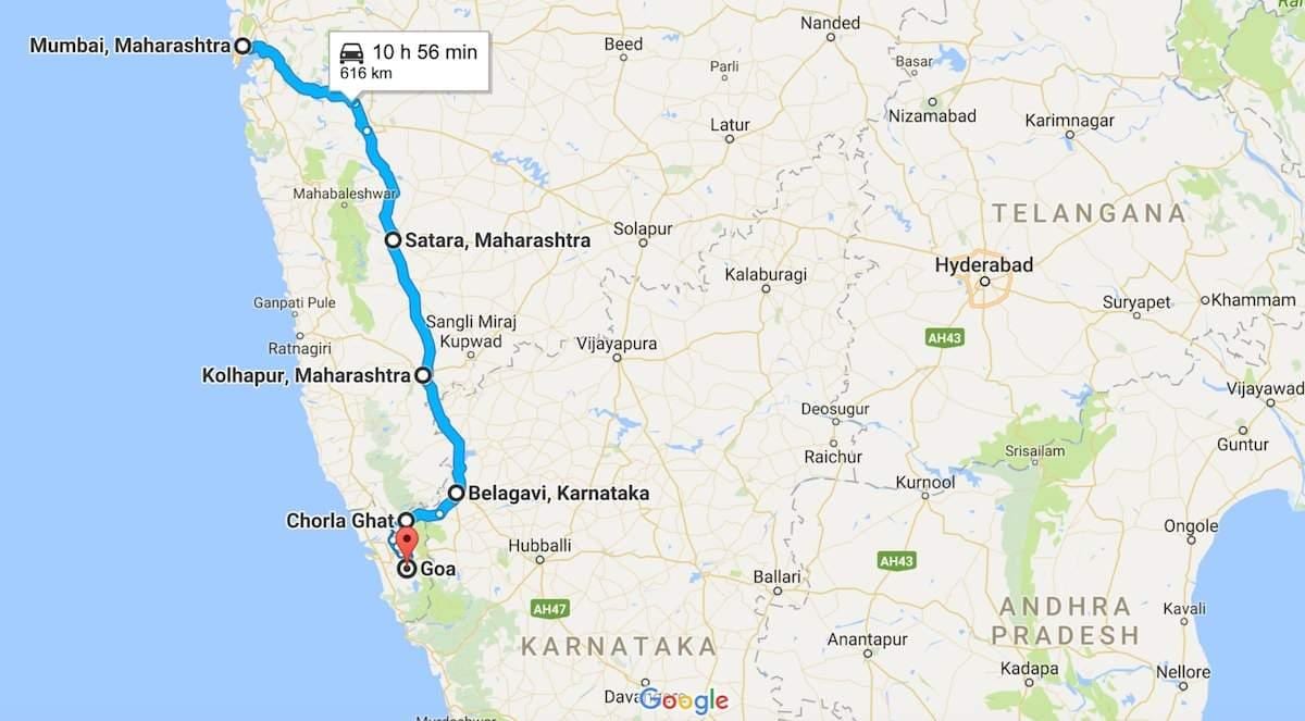 मुंबई से गोवा सड़क के नक्शे